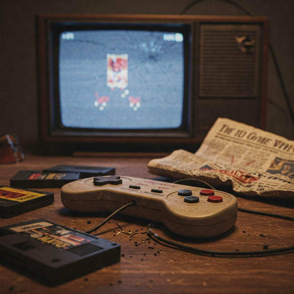 a broken video game console and newspaper on a table